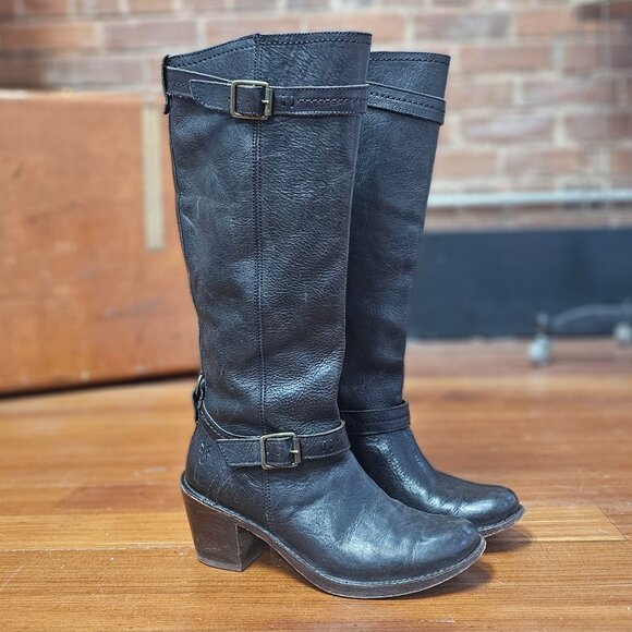 Frye "Carmen" Black Leather Knee High Harness Boots Size 7 - Picture 1 of 7